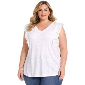 NWT TERRA SKY Womens 16W 18W Eyelet Ruffle Sleeveless V-Neck Slub White Tank Top